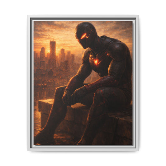 Framed Matte Canvas Print — Brooding Superhero Cityscape