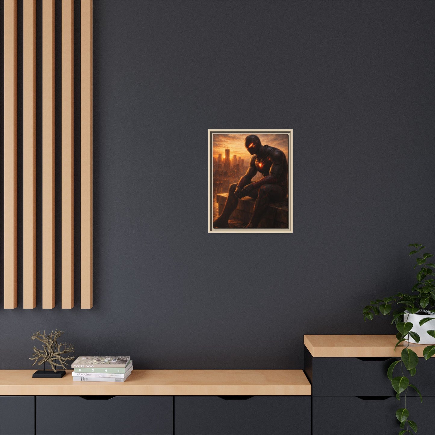 Framed Matte Canvas Print — Brooding Superhero Cityscape