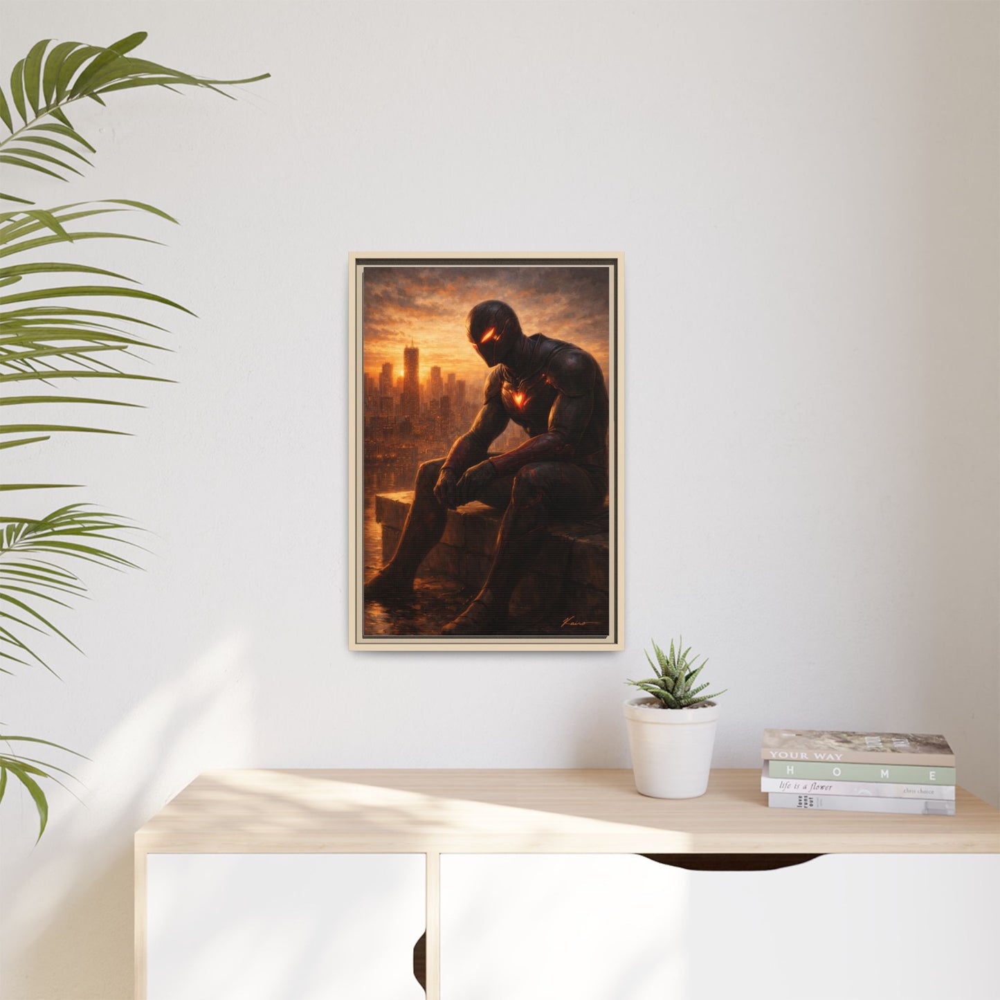 Framed Matte Canvas Print — Brooding Superhero Cityscape