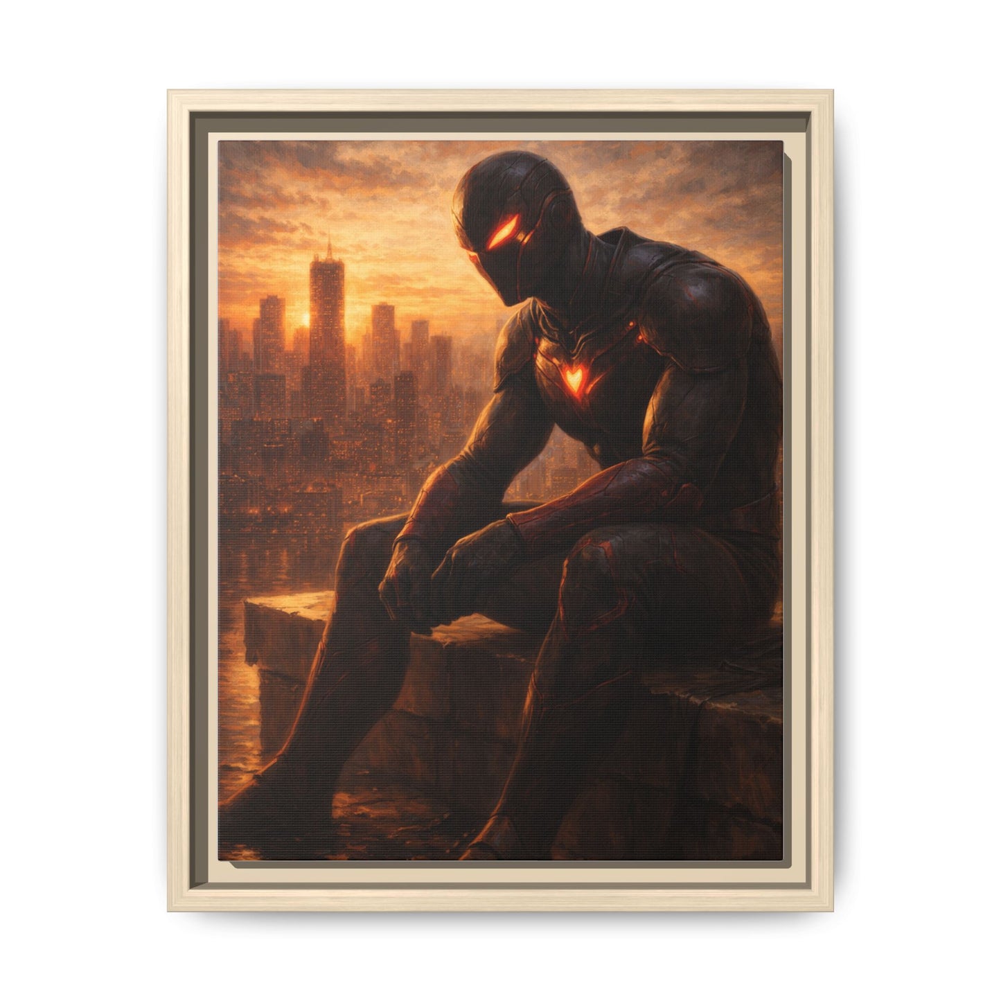 Framed Matte Canvas Print — Brooding Superhero Cityscape