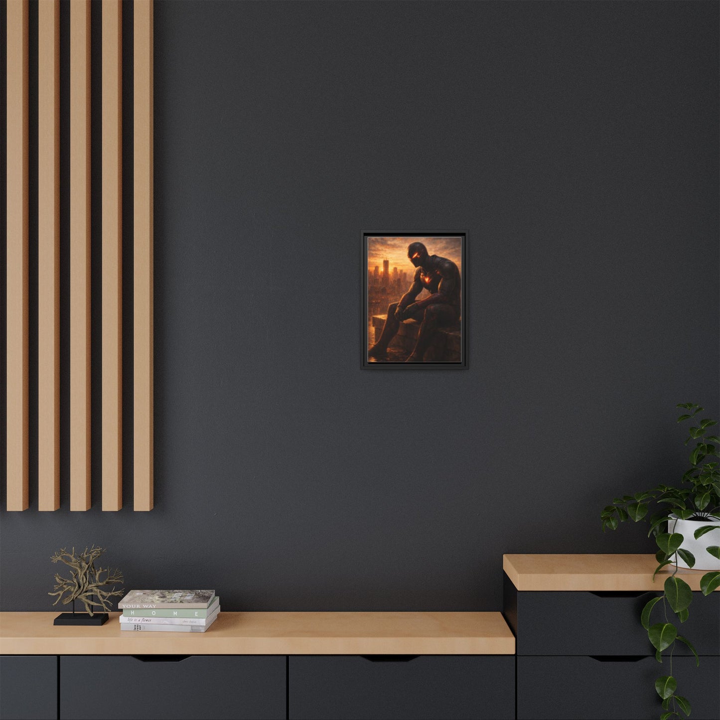 Framed Matte Canvas Print — Brooding Superhero Cityscape
