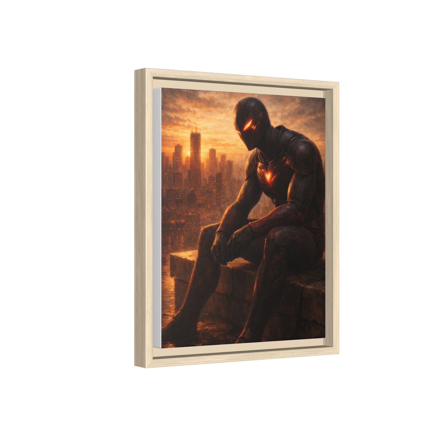 Framed Matte Canvas Print — Brooding Superhero Cityscape