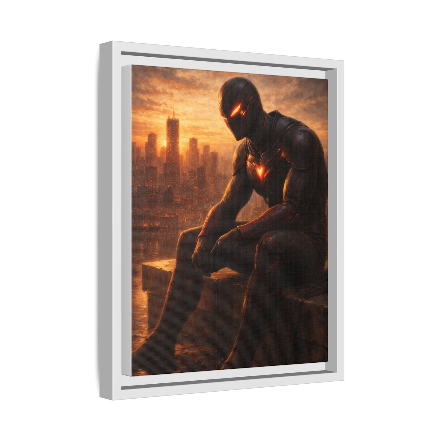 Framed Matte Canvas Print — Brooding Superhero Cityscape