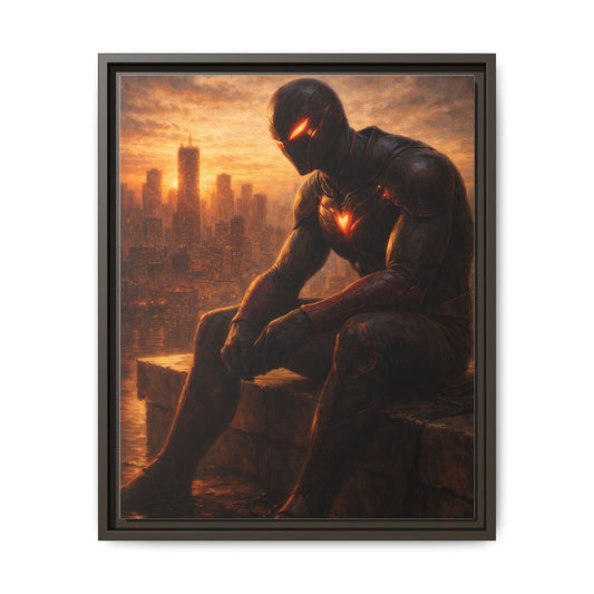 Framed Matte Canvas Print — Brooding Superhero Cityscape