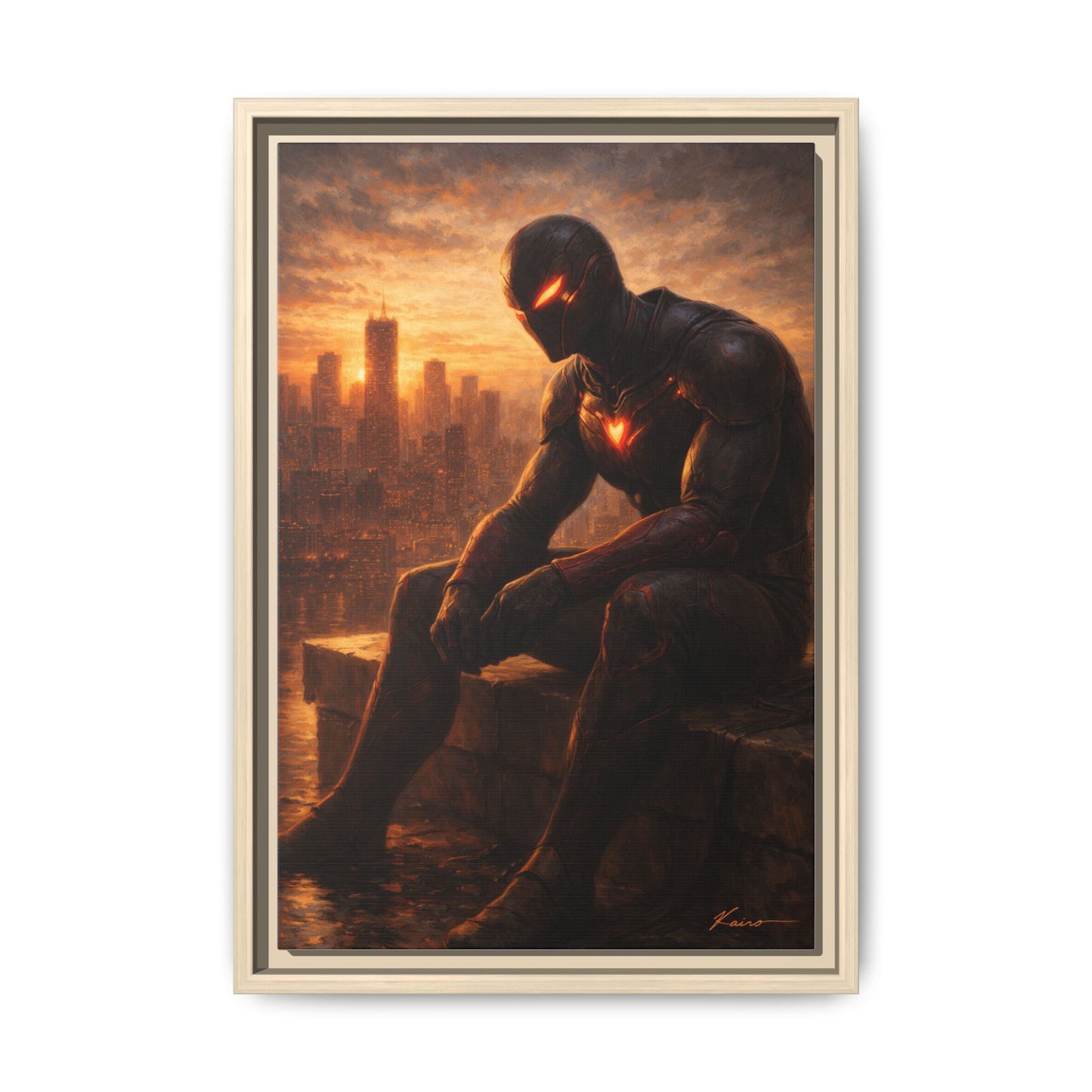 Framed Matte Canvas Print — Brooding Superhero Cityscape