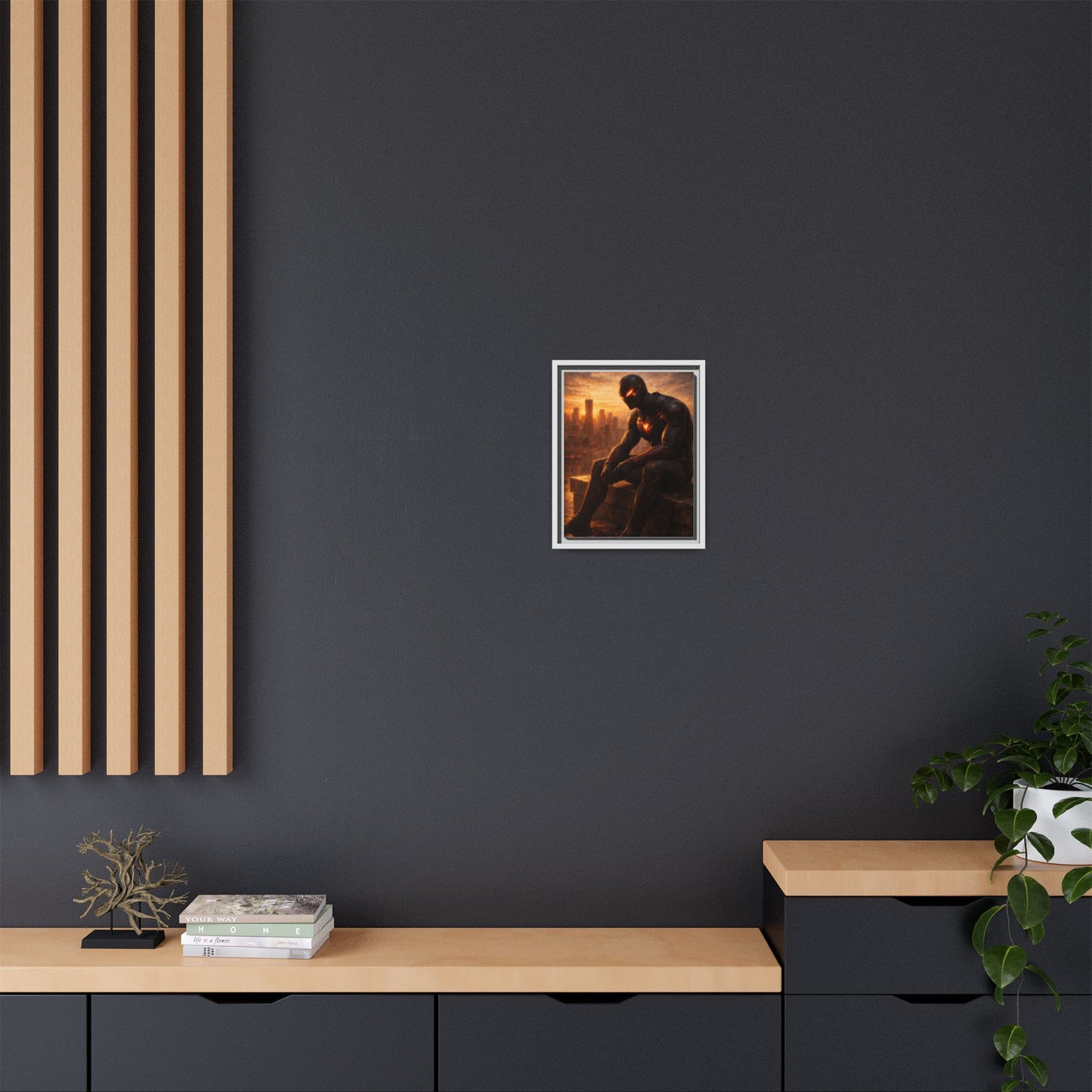 Framed Matte Canvas Print — Brooding Superhero Cityscape