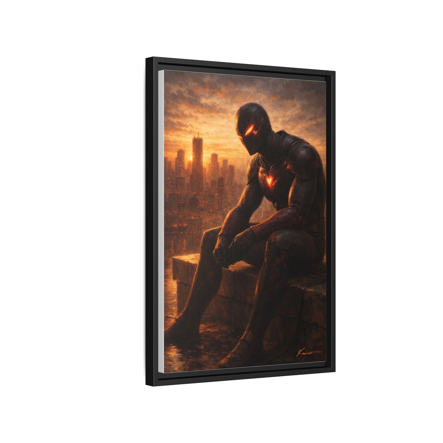 Framed Matte Canvas Print — Brooding Superhero Cityscape