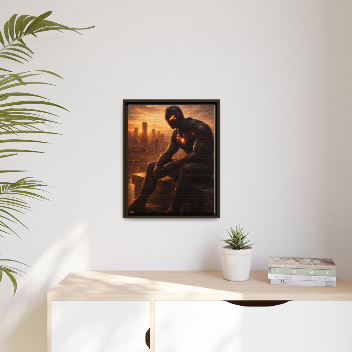 Framed Matte Canvas Print — Brooding Superhero Cityscape