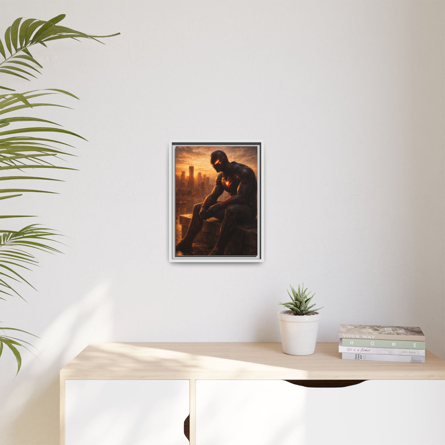 Framed Matte Canvas Print — Brooding Superhero Cityscape