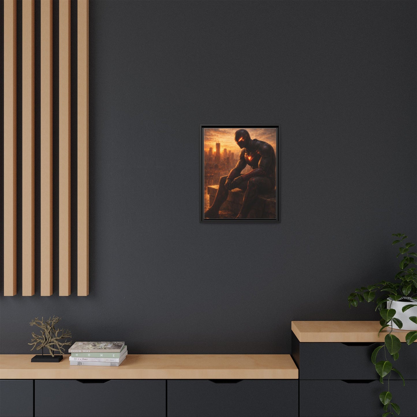 Framed Matte Canvas Print — Brooding Superhero Cityscape