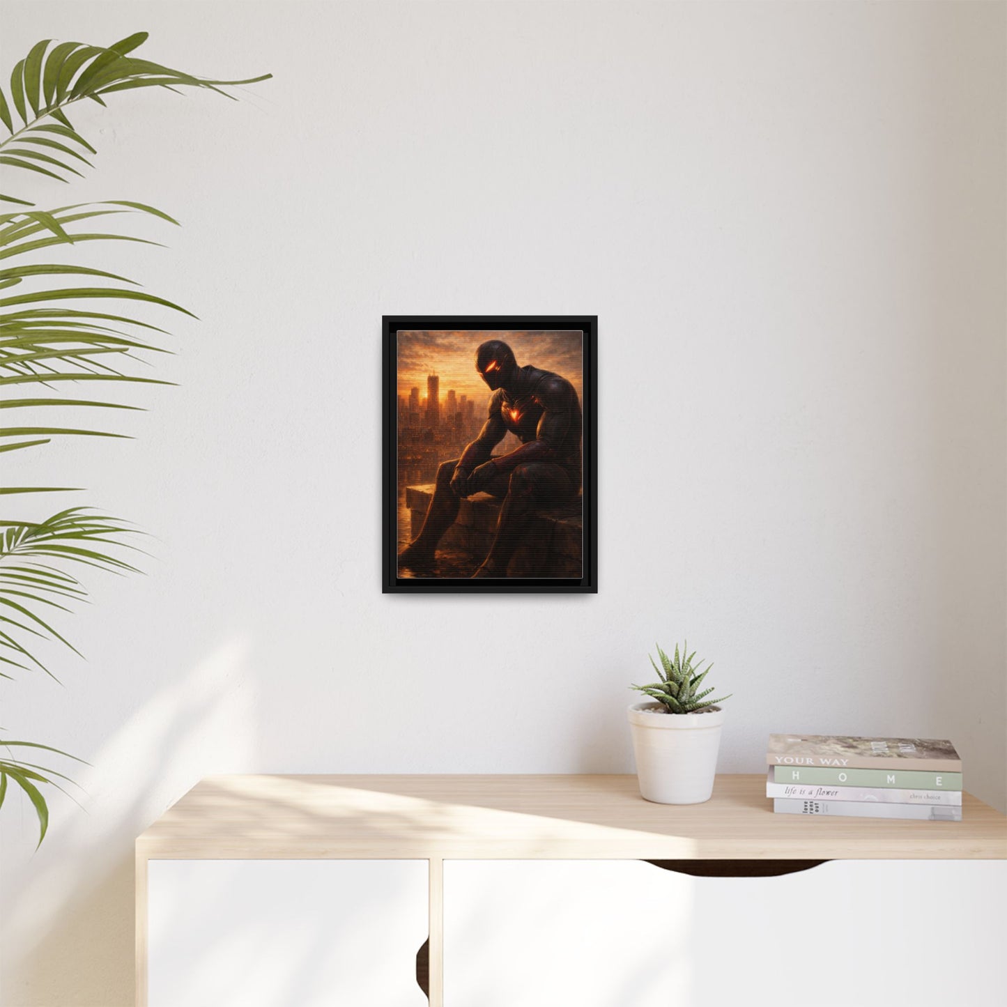 Framed Matte Canvas Print — Brooding Superhero Cityscape
