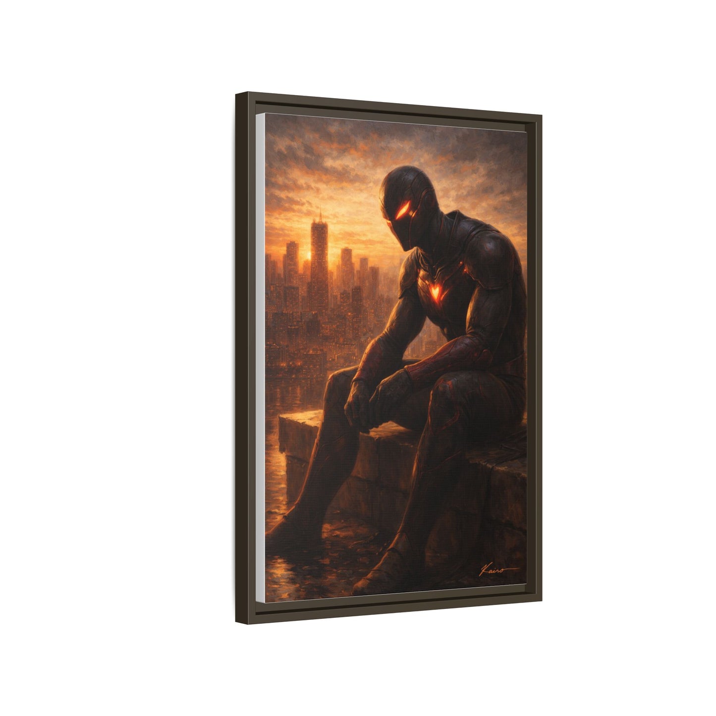 Framed Matte Canvas Print — Brooding Superhero Cityscape