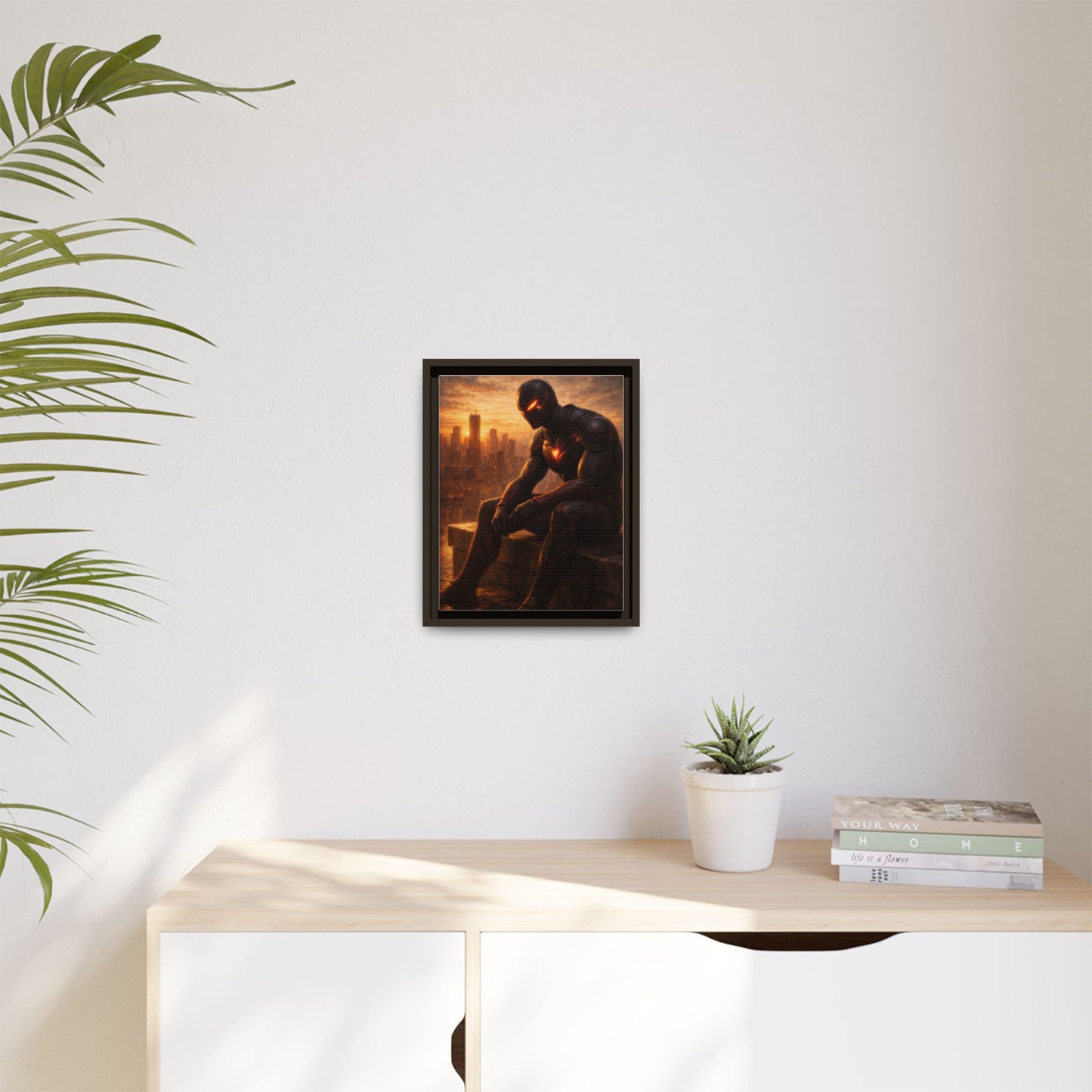 Framed Matte Canvas Print — Brooding Superhero Cityscape