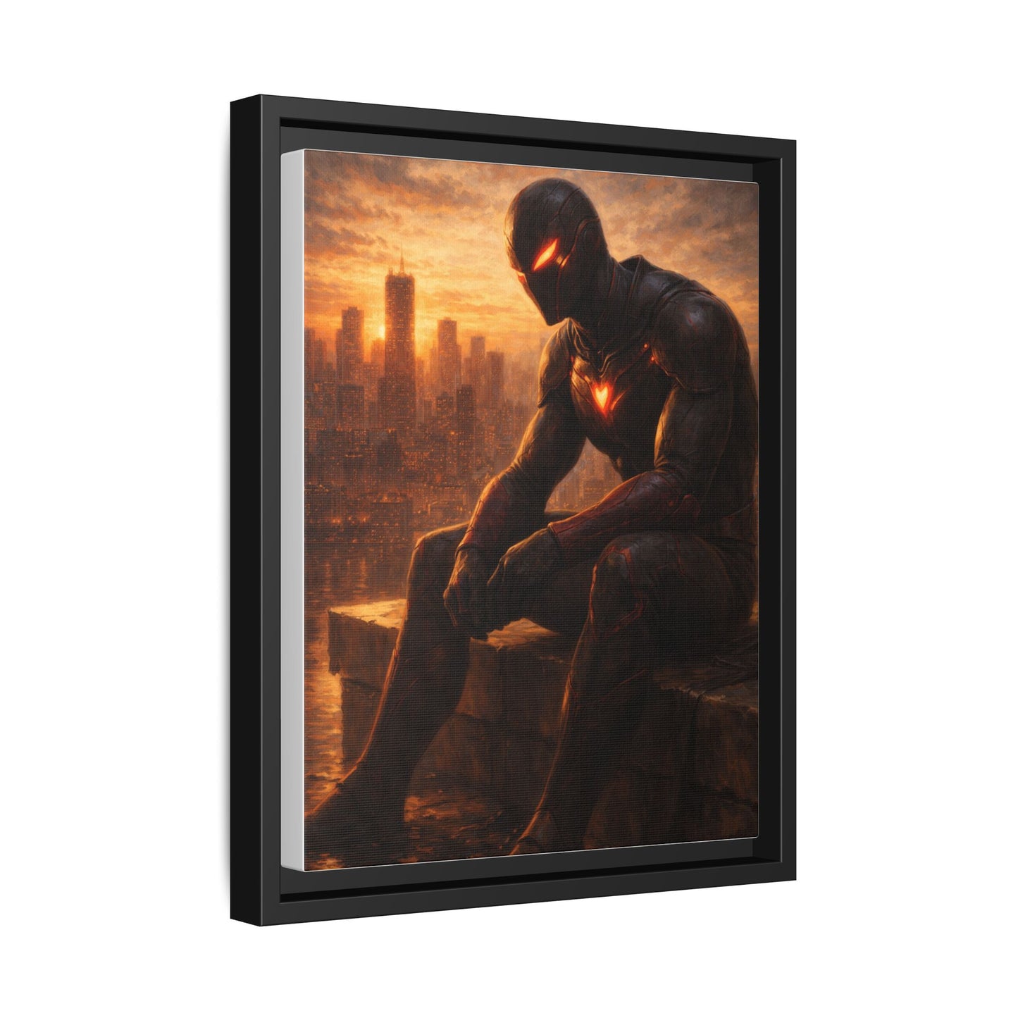 Framed Matte Canvas Print — Brooding Superhero Cityscape