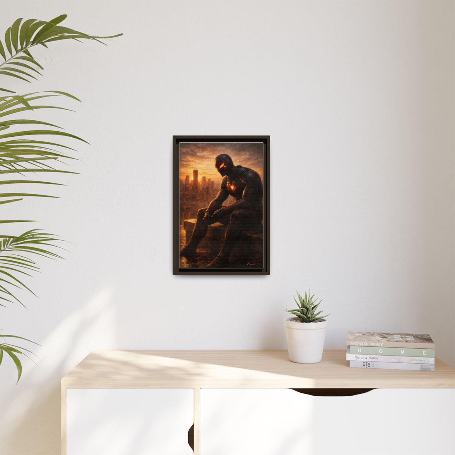 Framed Matte Canvas Print — Brooding Superhero Cityscape