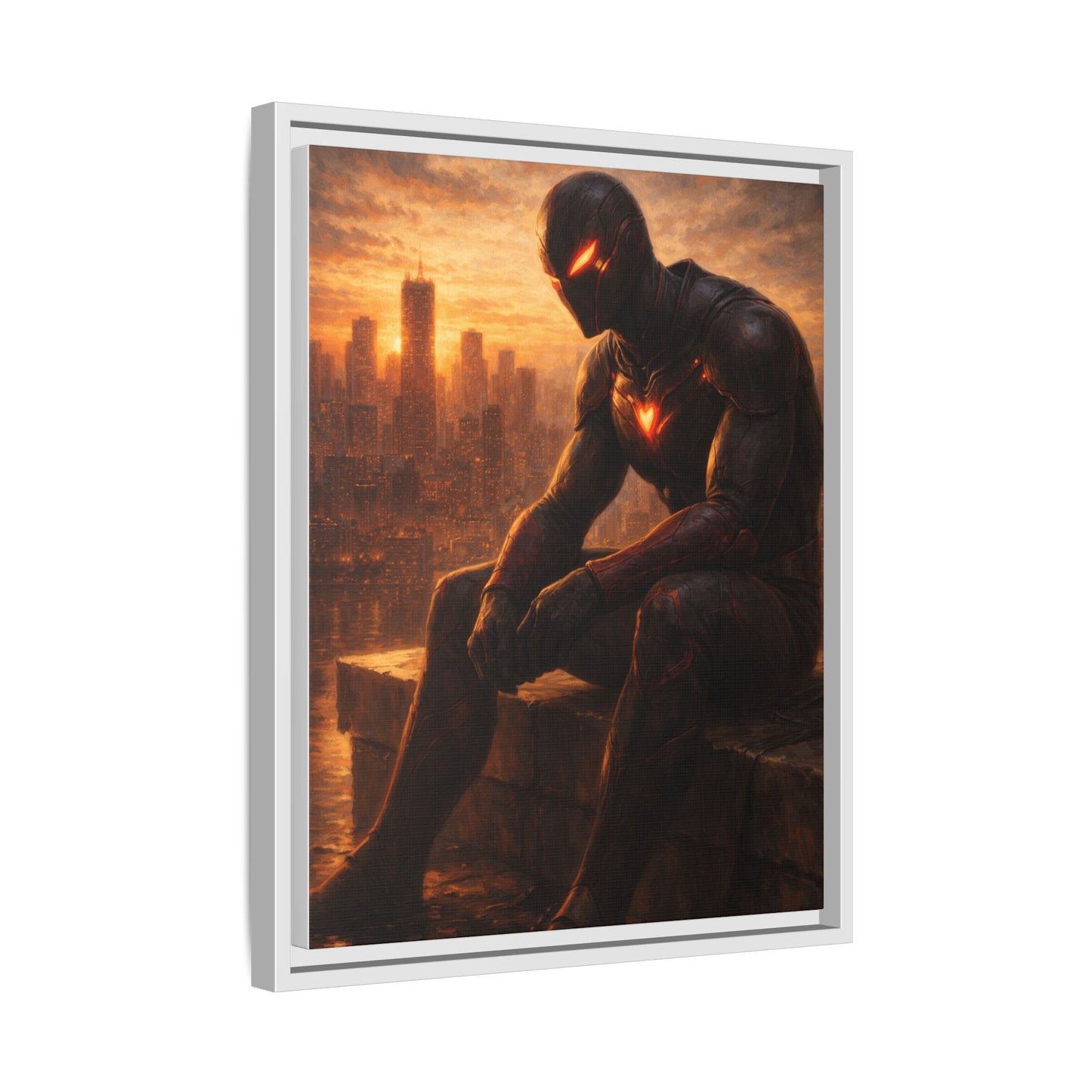 Framed Matte Canvas Print — Brooding Superhero Cityscape