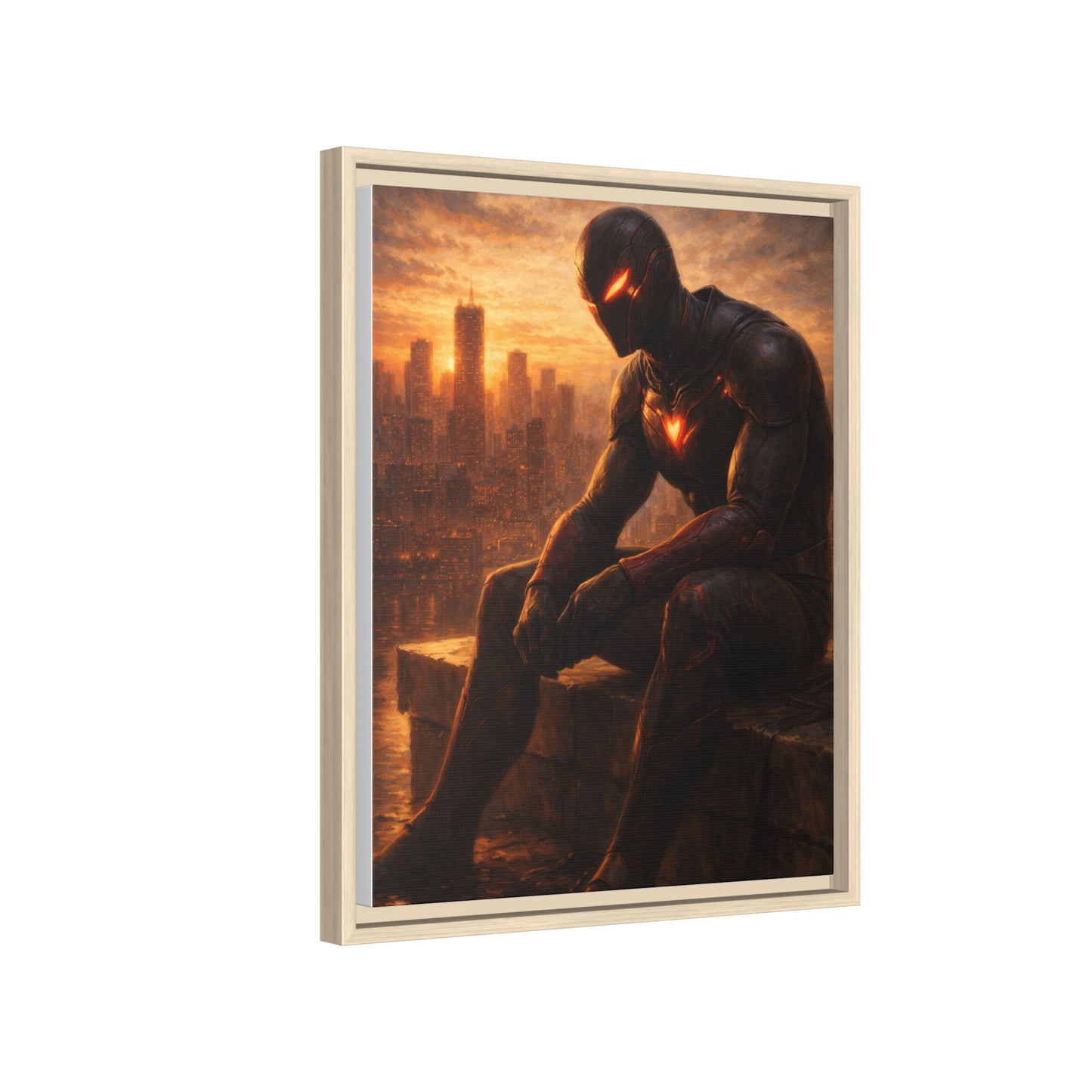 Framed Matte Canvas Print — Brooding Superhero Cityscape