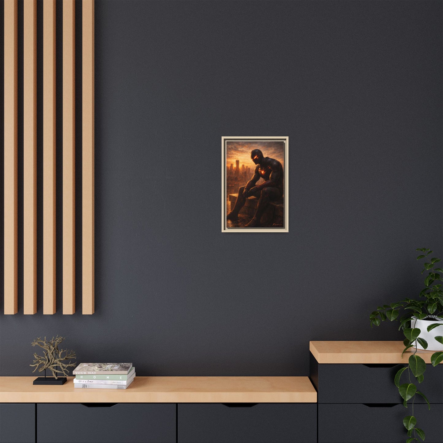 Framed Matte Canvas Print — Brooding Superhero Cityscape