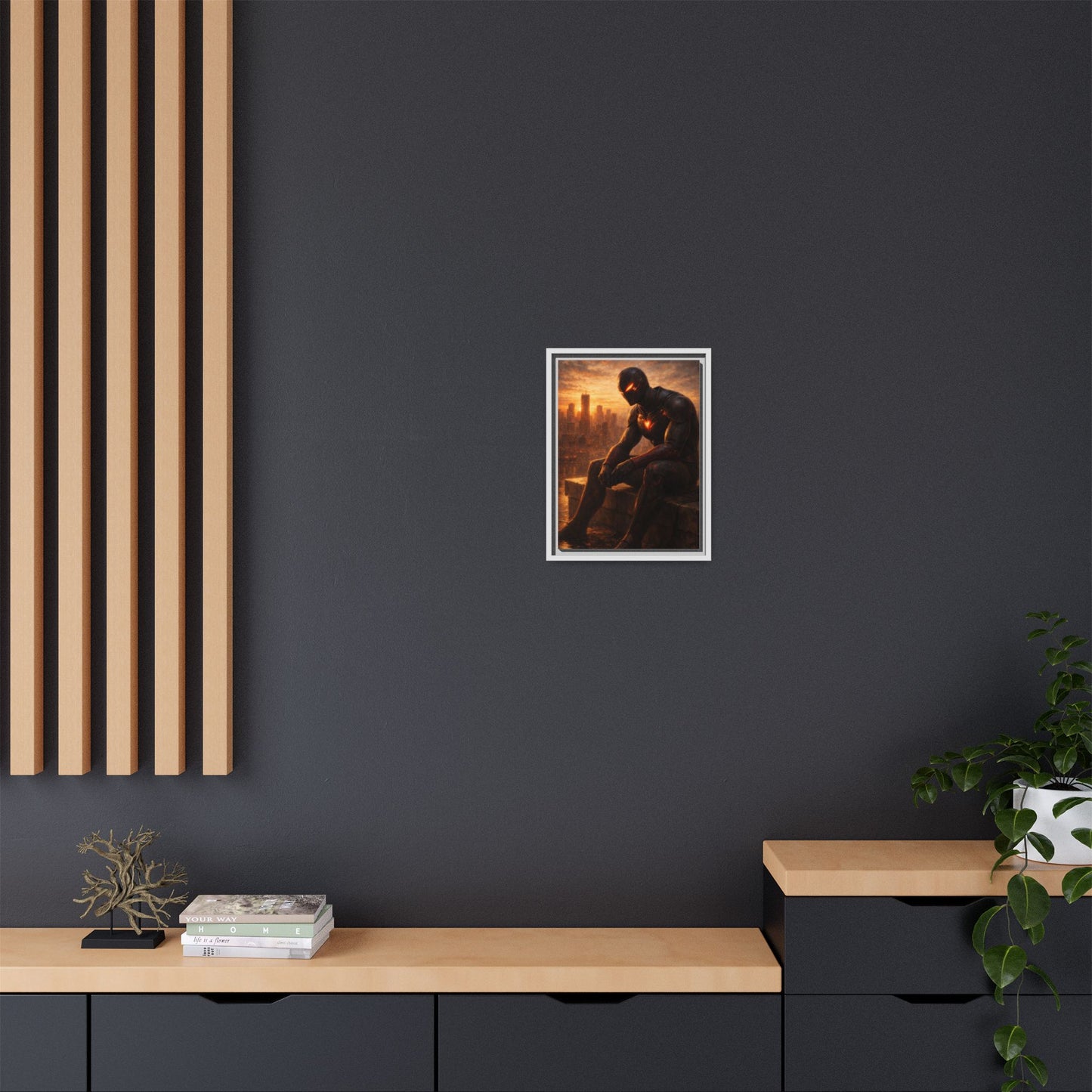 Framed Matte Canvas Print — Brooding Superhero Cityscape