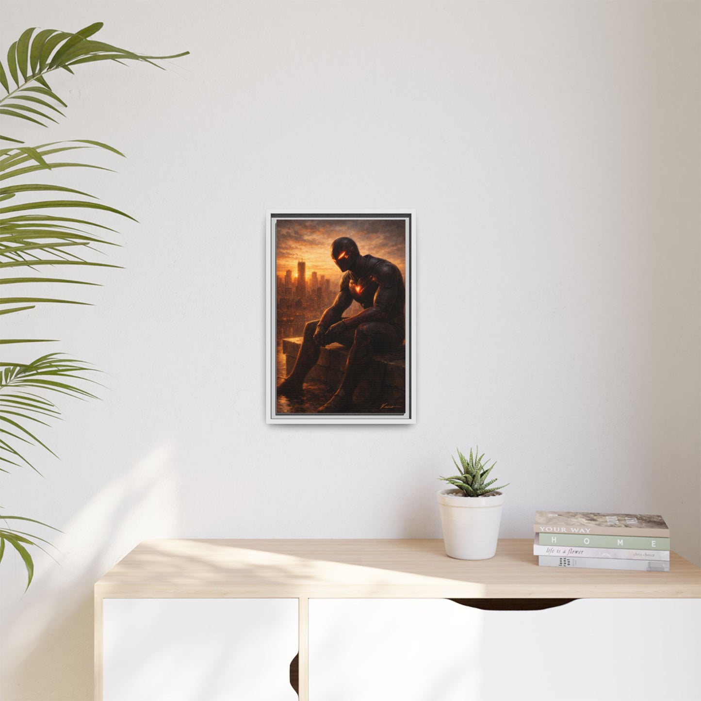 Framed Matte Canvas Print — Brooding Superhero Cityscape
