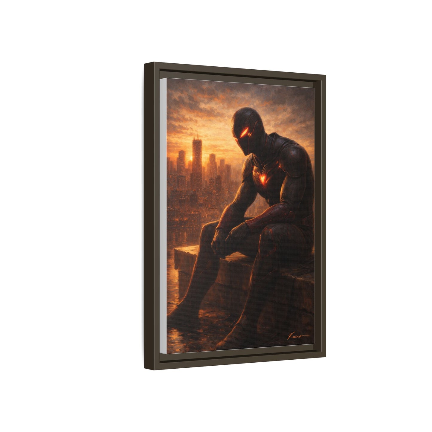 Framed Matte Canvas Print — Brooding Superhero Cityscape
