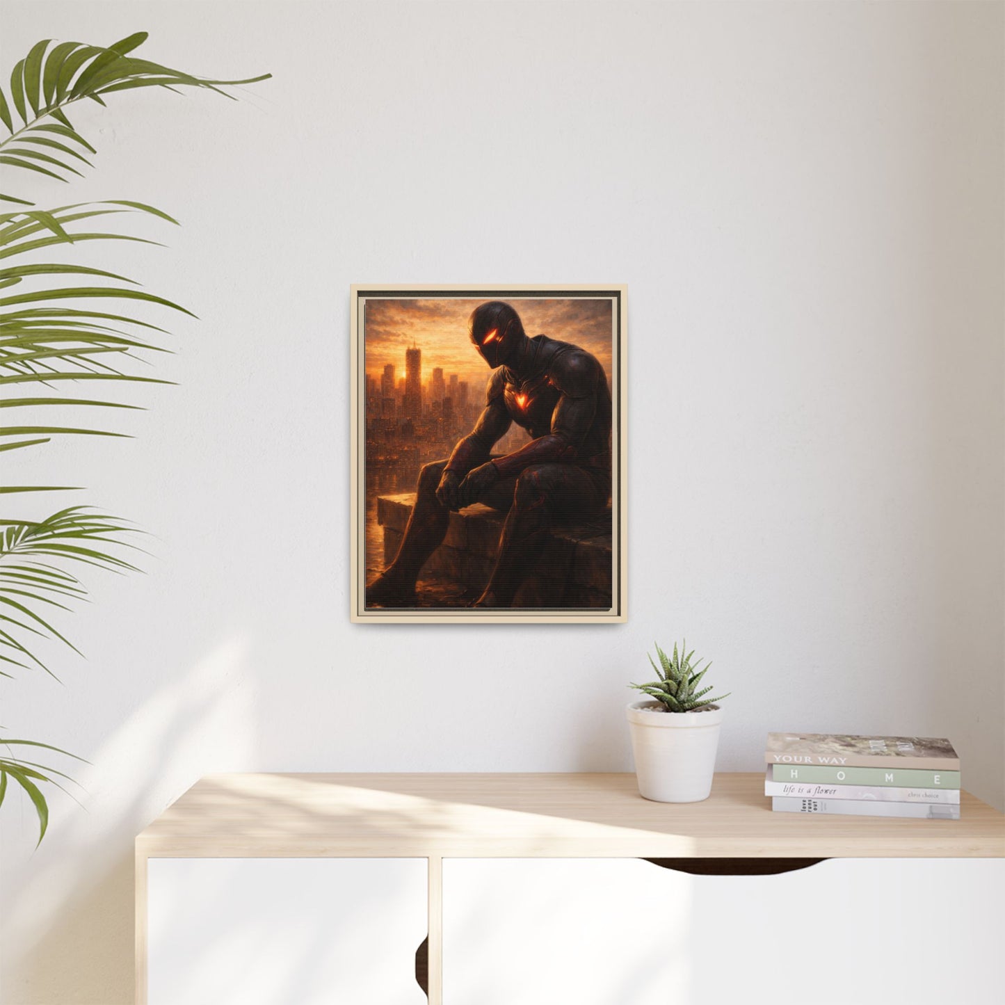 Framed Matte Canvas Print — Brooding Superhero Cityscape