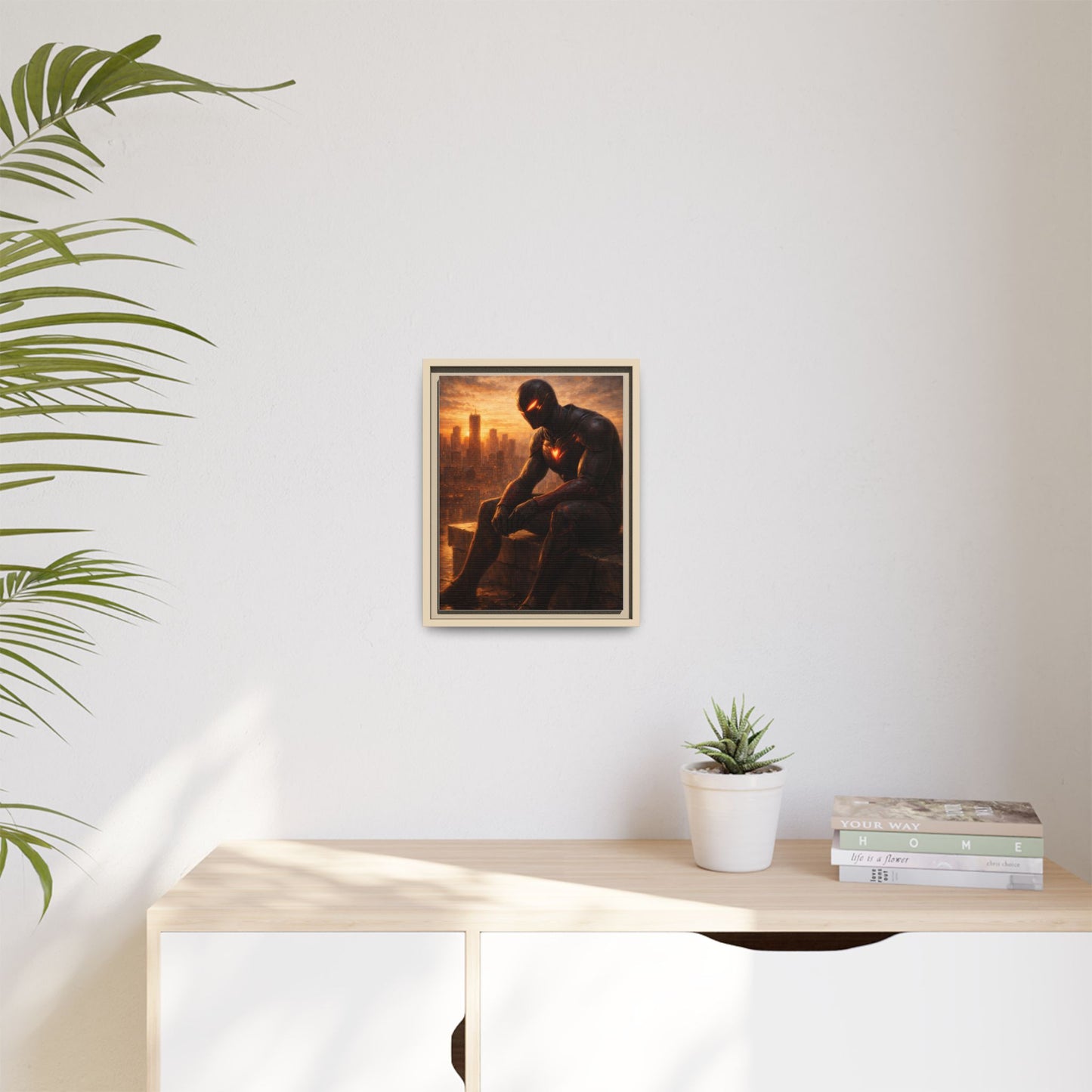 Framed Matte Canvas Print — Brooding Superhero Cityscape