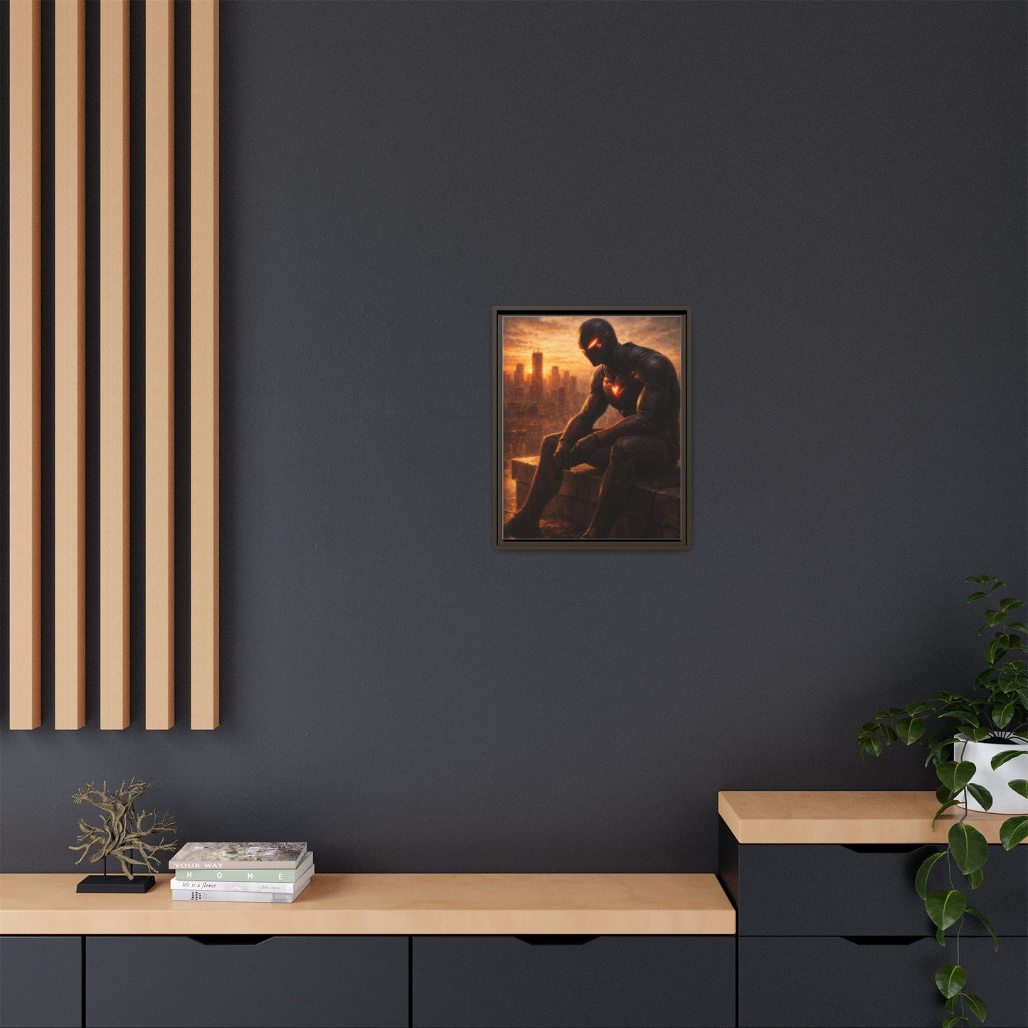 Framed Matte Canvas Print — Brooding Superhero Cityscape