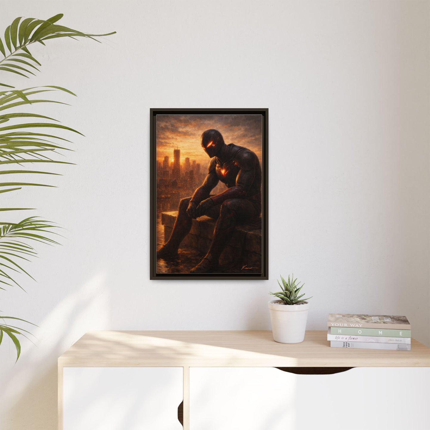 Framed Matte Canvas Print — Brooding Superhero Cityscape