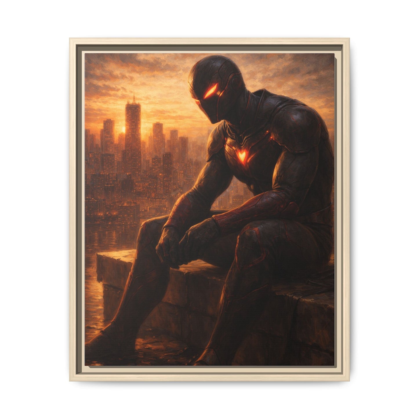 Framed Matte Canvas Print — Brooding Superhero Cityscape