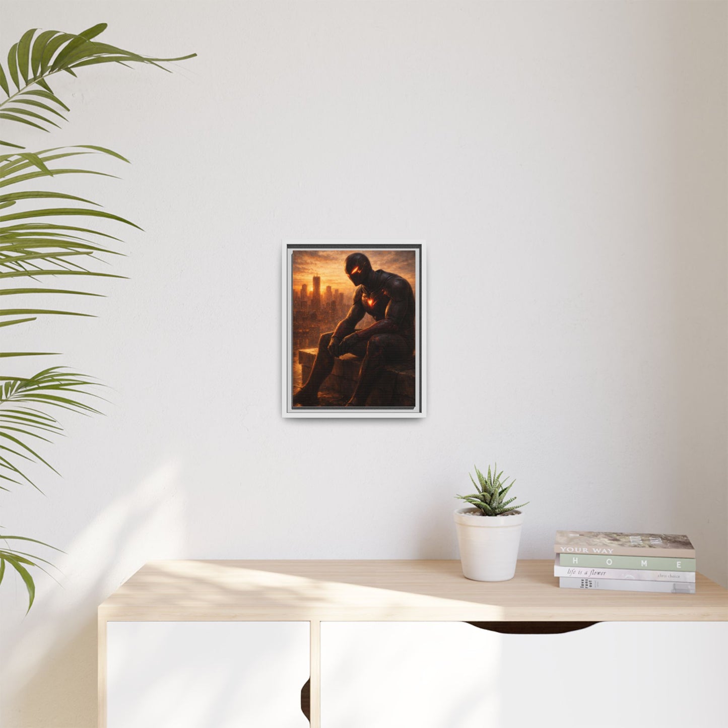 Framed Matte Canvas Print — Brooding Superhero Cityscape