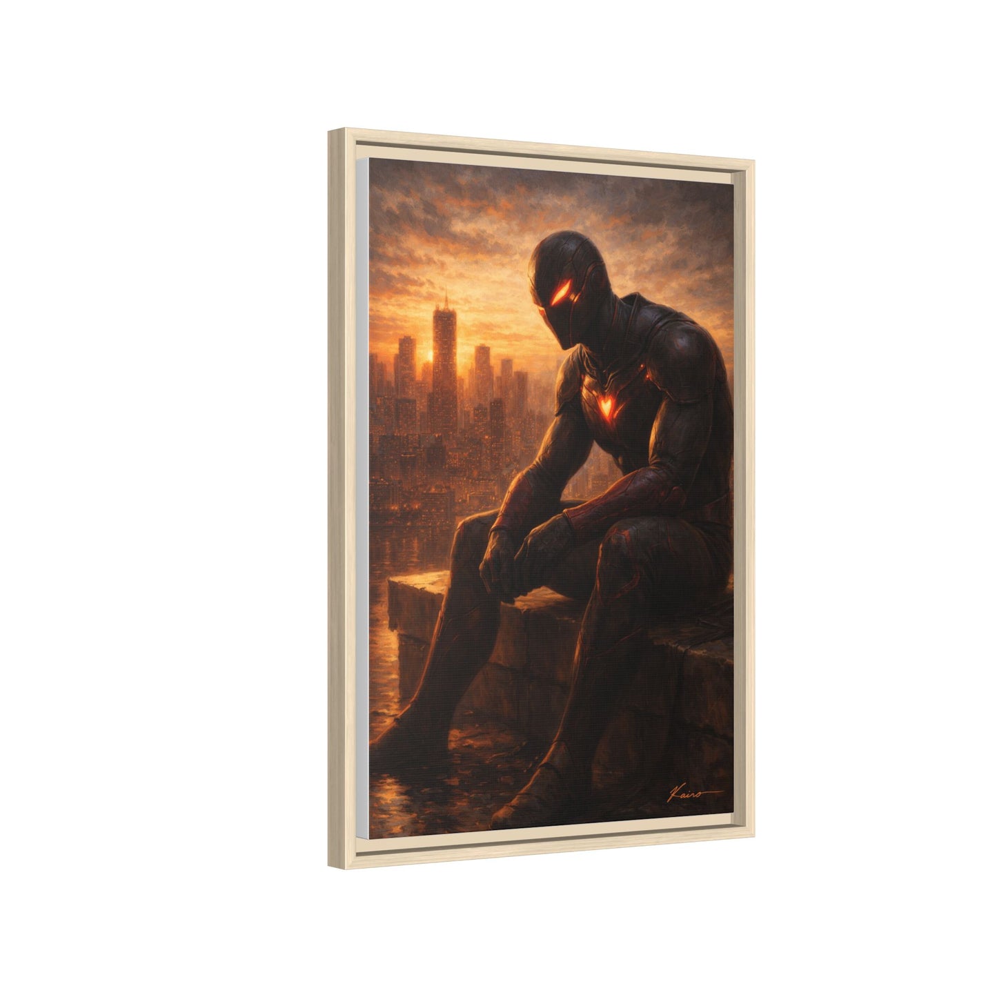 Framed Matte Canvas Print — Brooding Superhero Cityscape