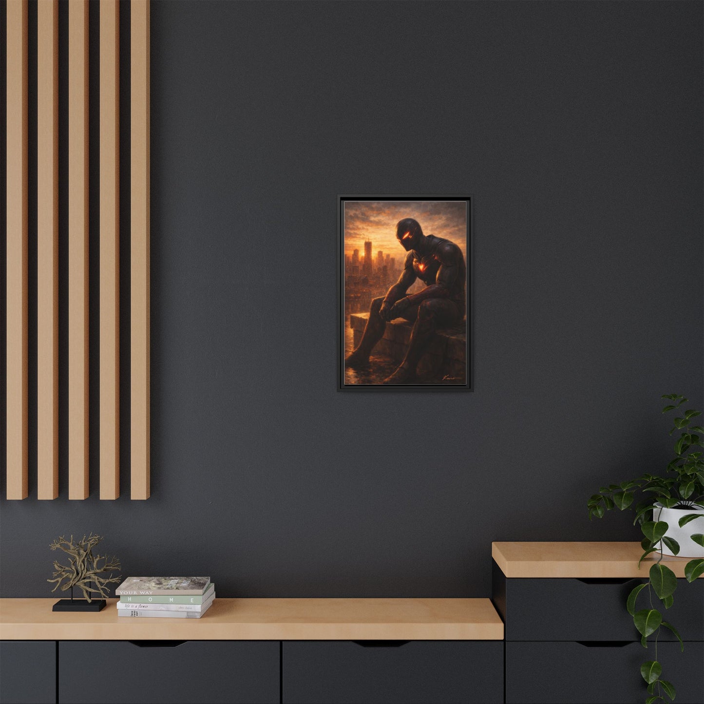 Framed Matte Canvas Print — Brooding Superhero Cityscape