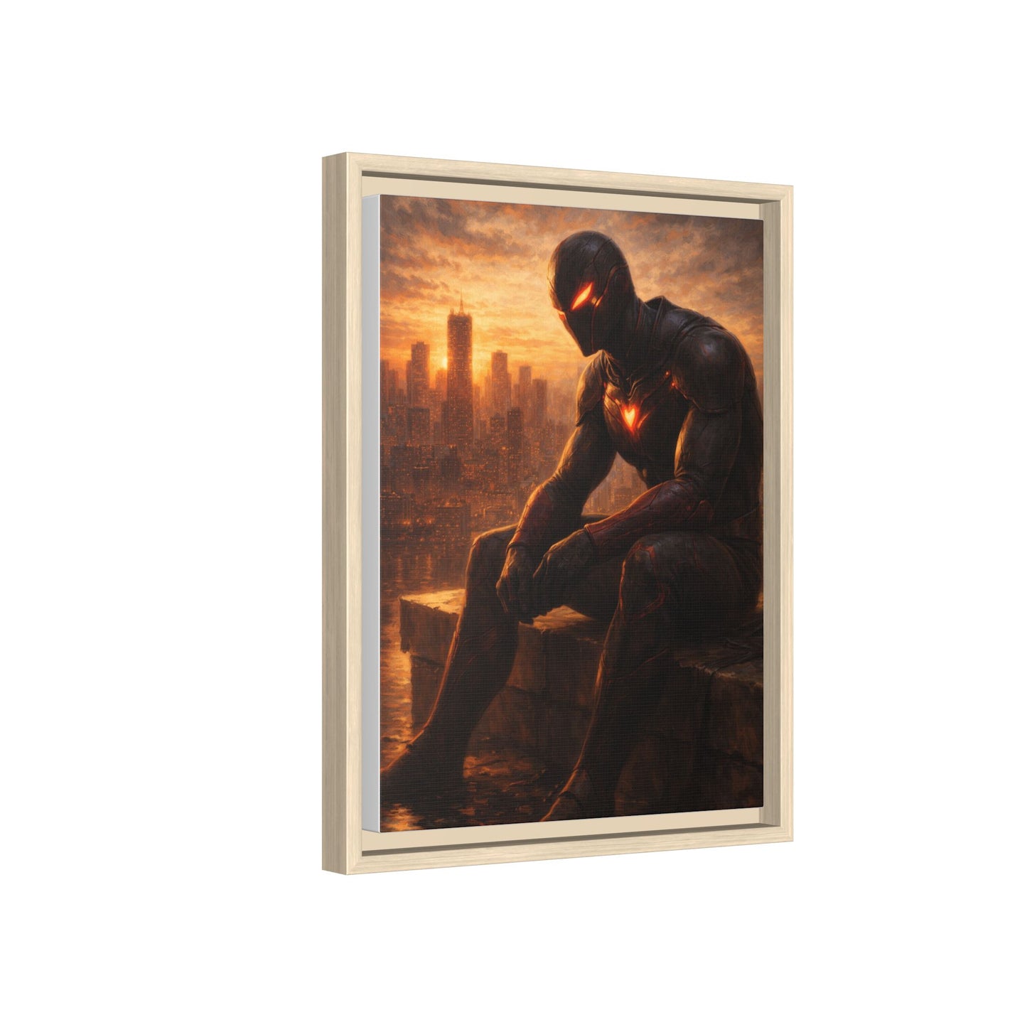 Framed Matte Canvas Print — Brooding Superhero Cityscape