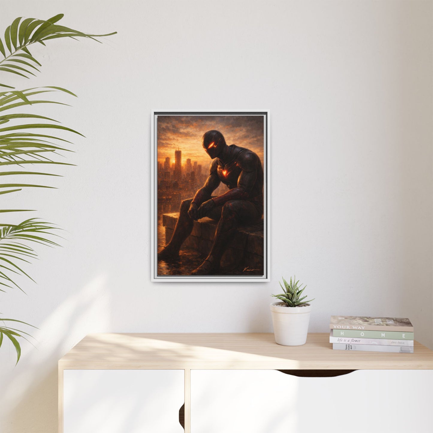Framed Matte Canvas Print — Brooding Superhero Cityscape