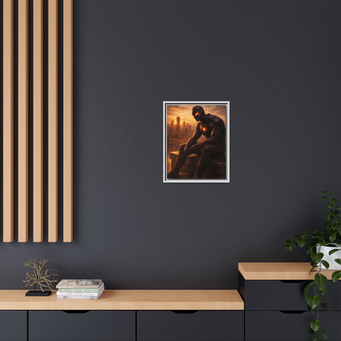 Framed Matte Canvas Print — Brooding Superhero Cityscape