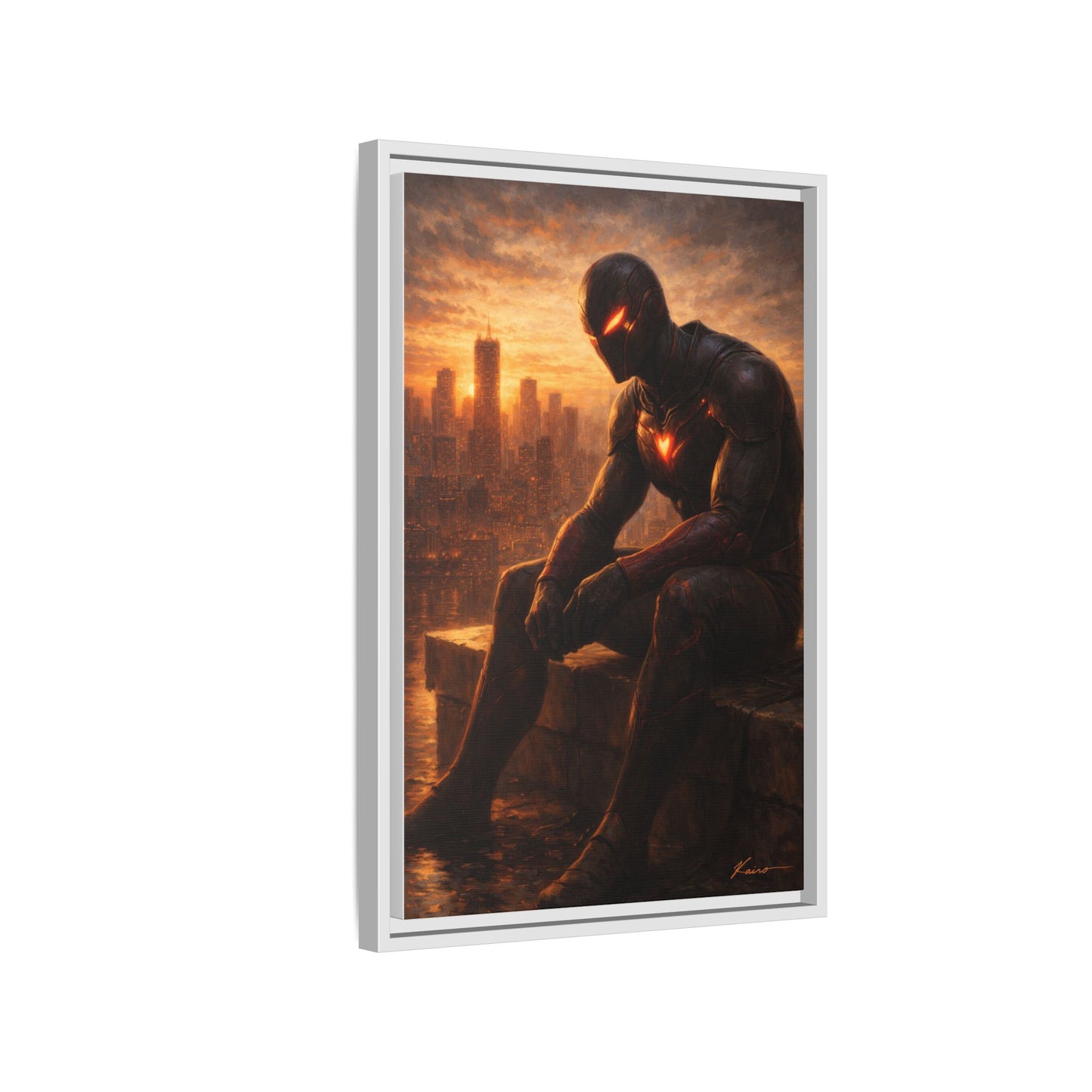 Framed Matte Canvas Print — Brooding Superhero Cityscape