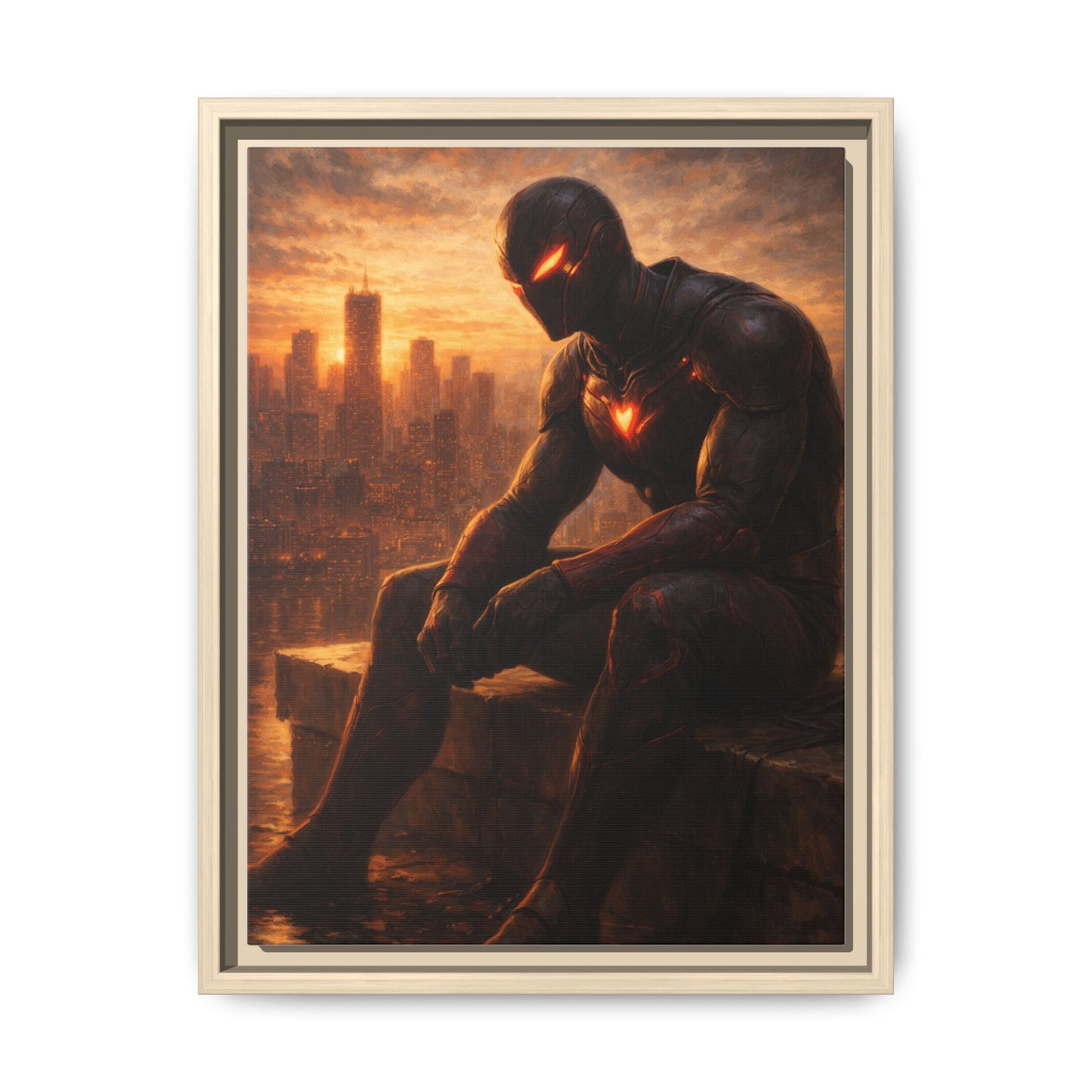 Framed Matte Canvas Print — Brooding Superhero Cityscape