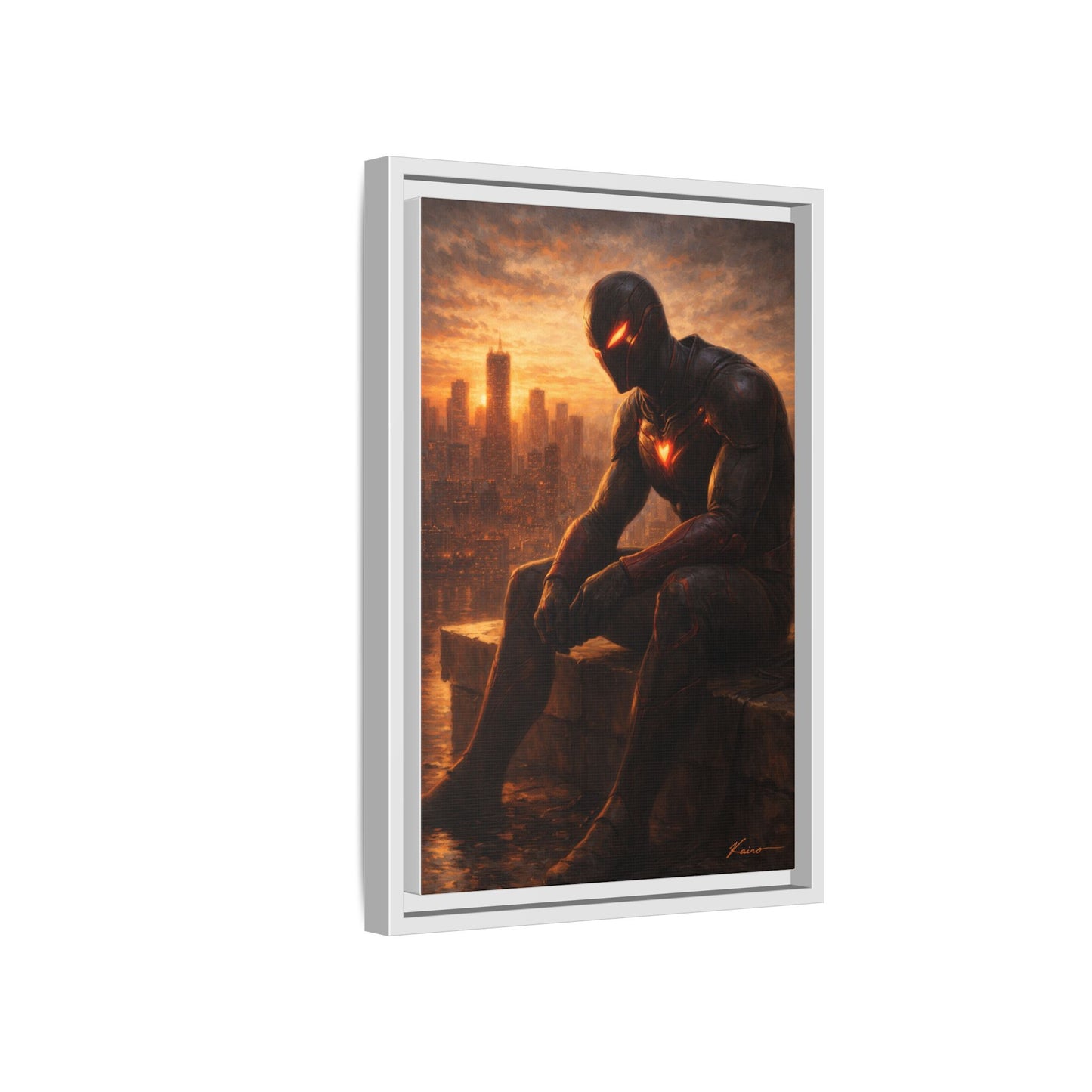 Framed Matte Canvas Print — Brooding Superhero Cityscape
