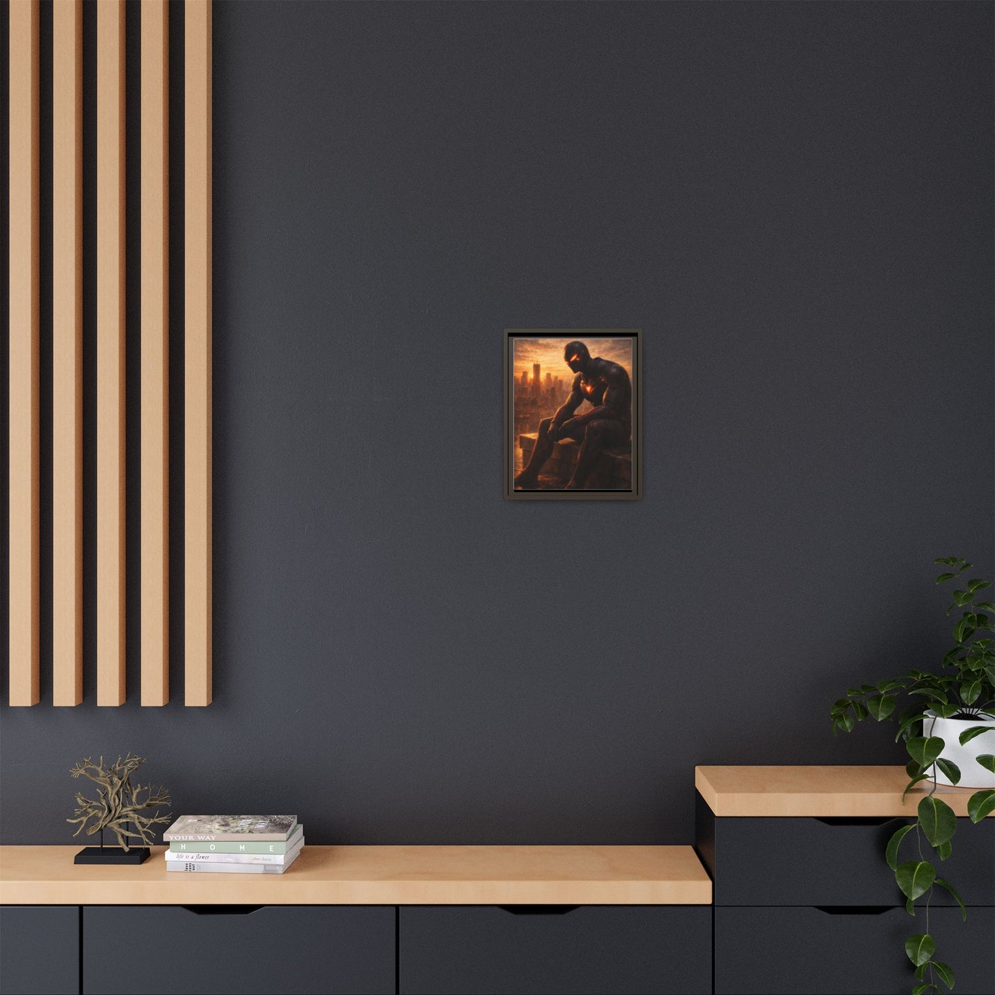 Framed Matte Canvas Print — Brooding Superhero Cityscape