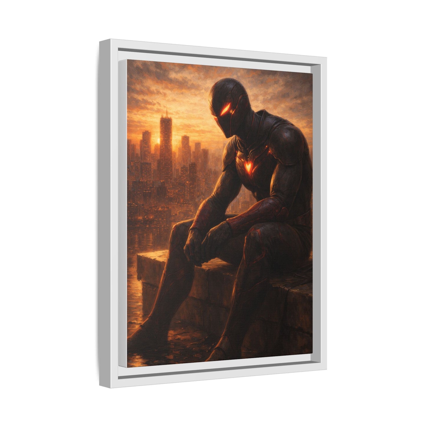 Framed Matte Canvas Print — Brooding Superhero Cityscape