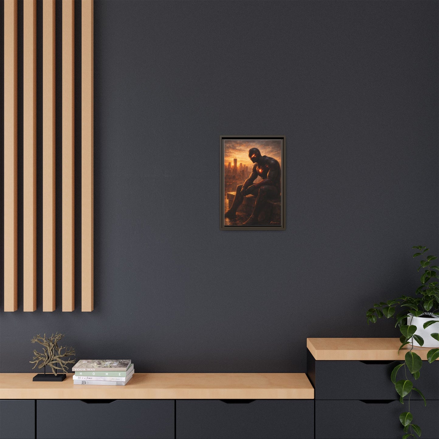 Framed Matte Canvas Print — Brooding Superhero Cityscape