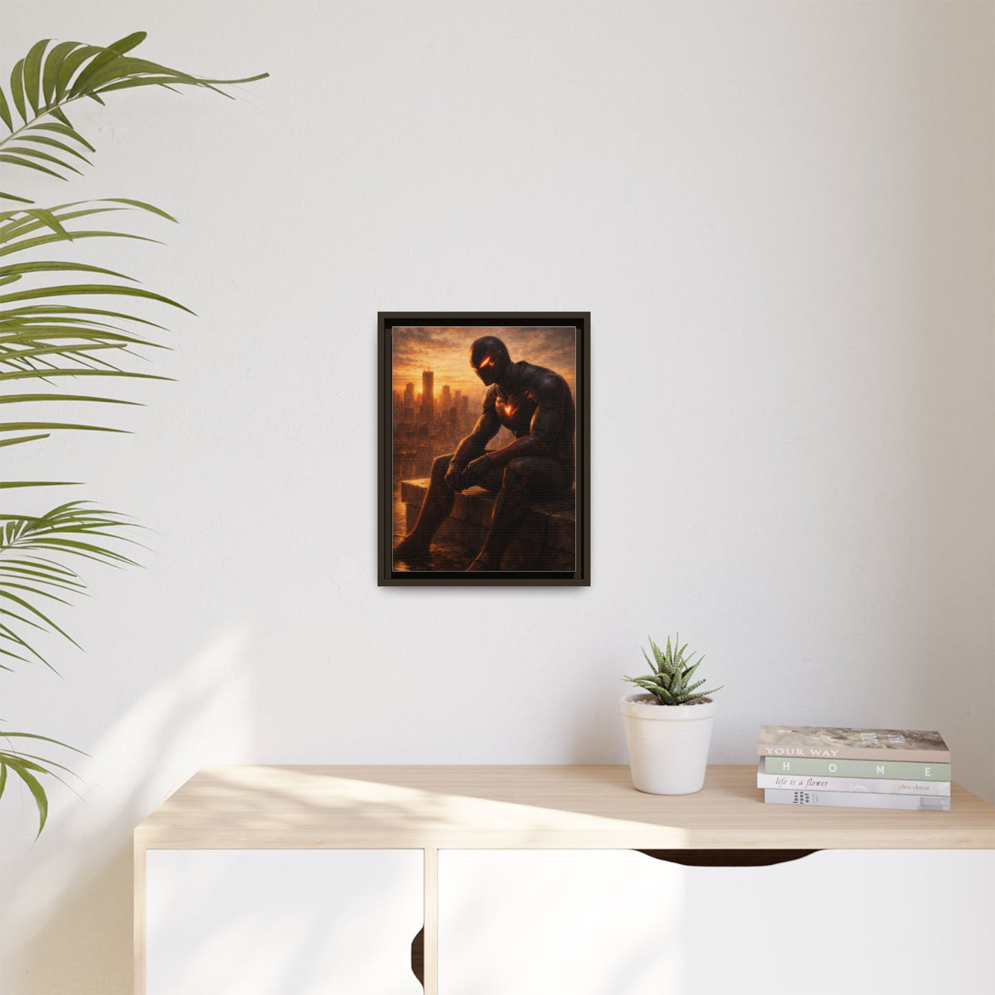 Framed Matte Canvas Print — Brooding Superhero Cityscape