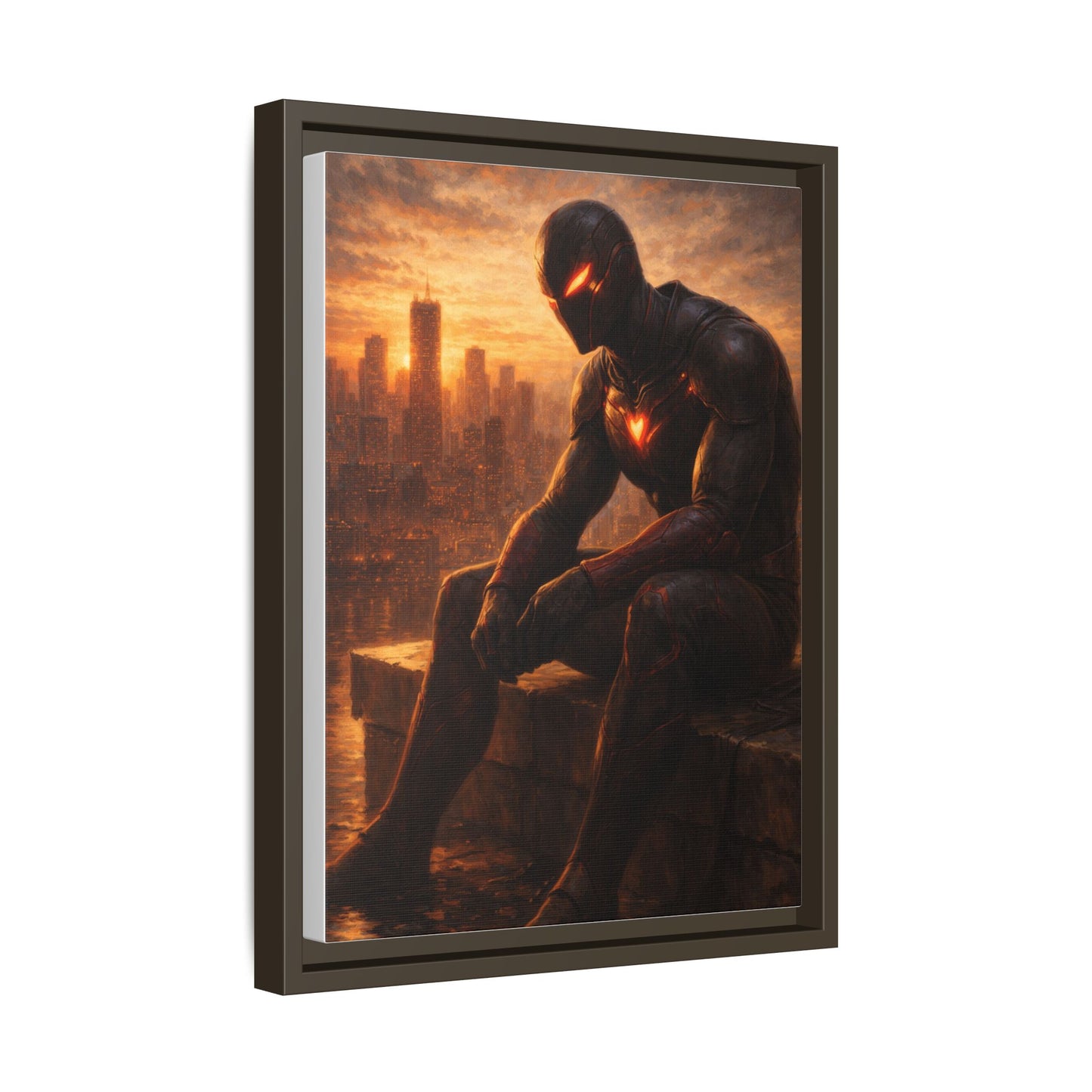 Framed Matte Canvas Print — Brooding Superhero Cityscape