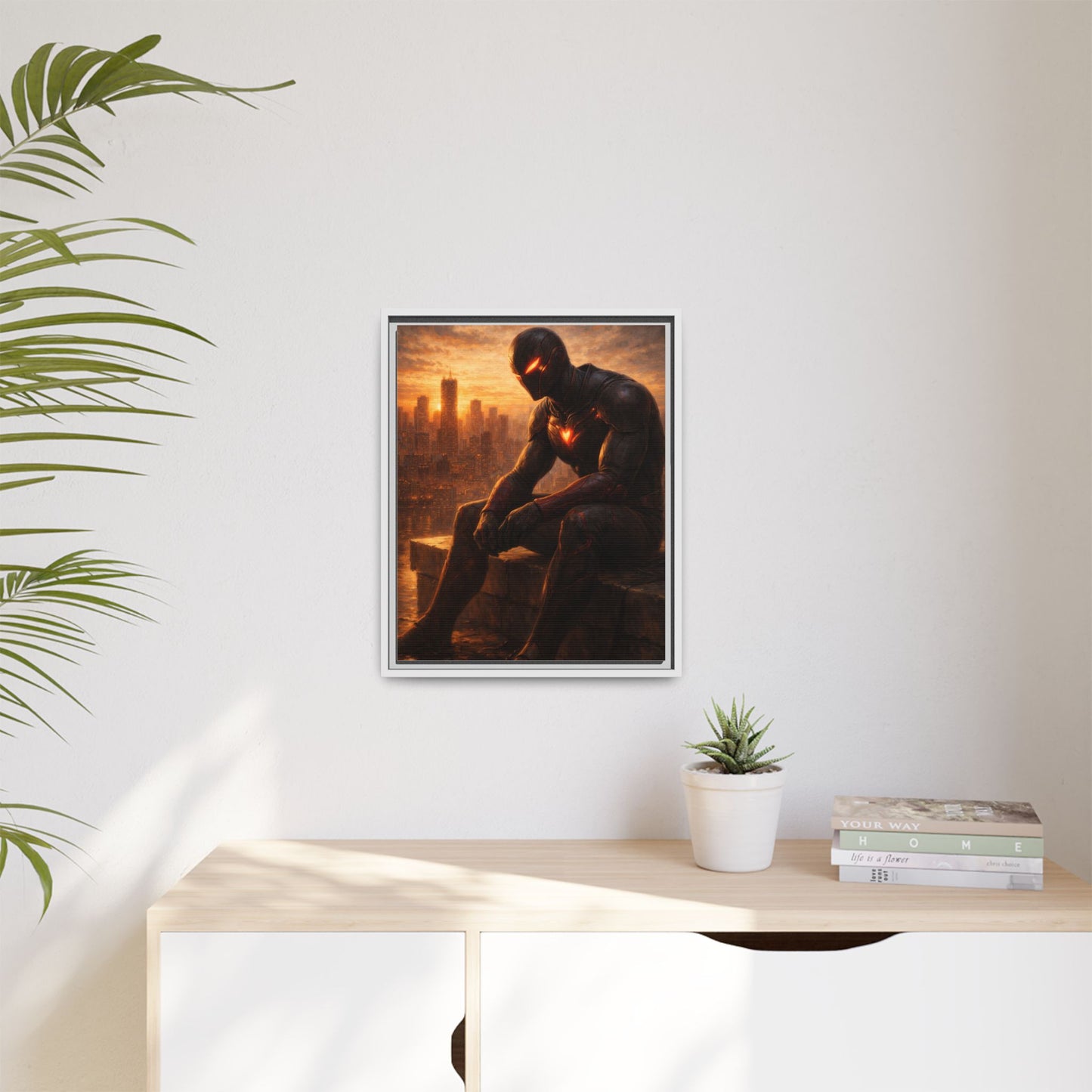 Framed Matte Canvas Print — Brooding Superhero Cityscape