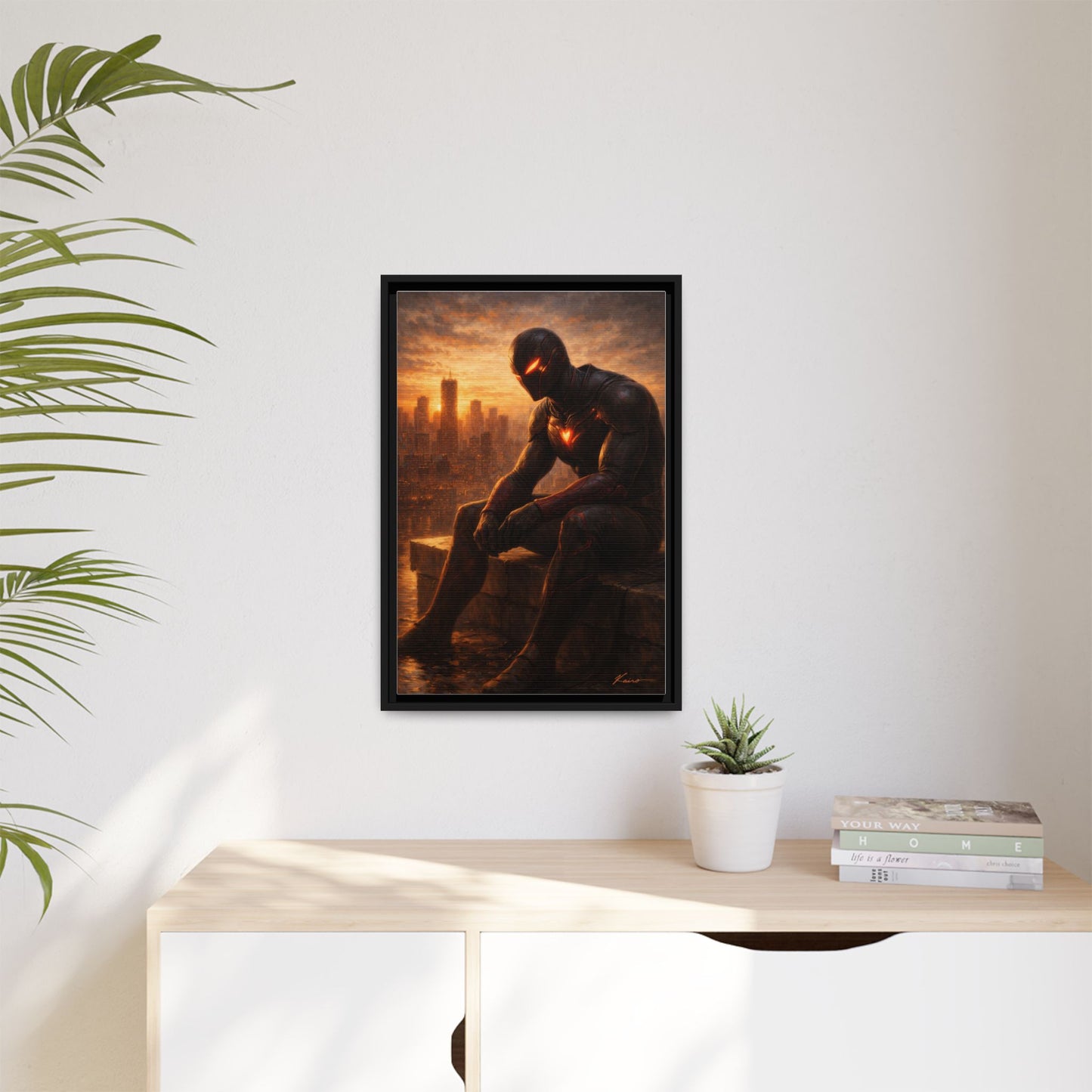 Framed Matte Canvas Print — Brooding Superhero Cityscape
