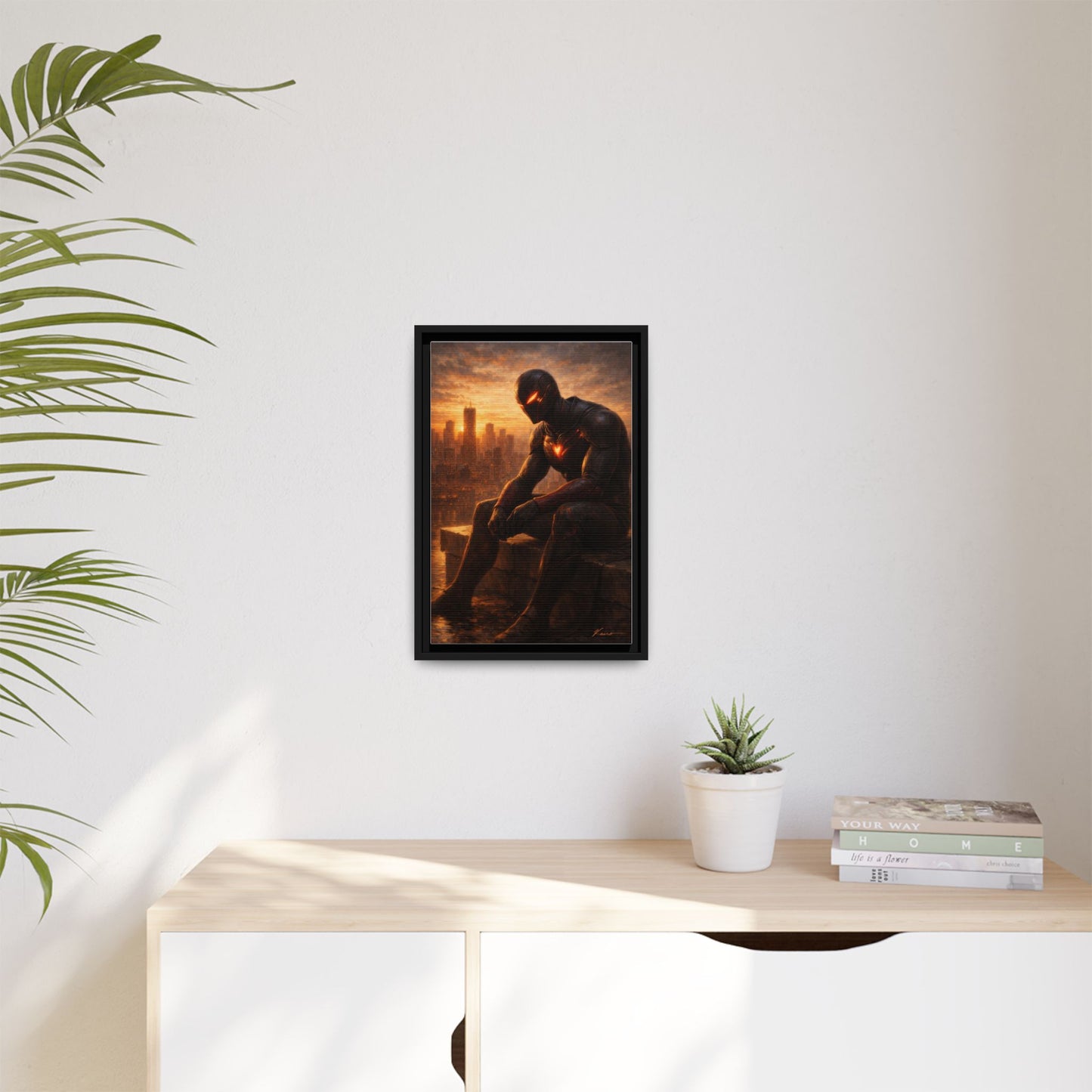 Framed Matte Canvas Print — Brooding Superhero Cityscape