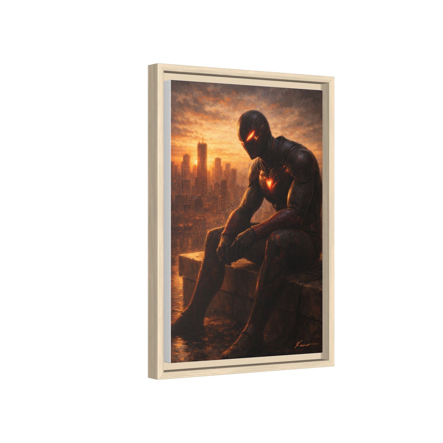 Framed Matte Canvas Print — Brooding Superhero Cityscape