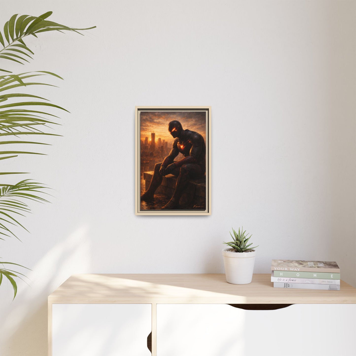 Framed Matte Canvas Print — Brooding Superhero Cityscape