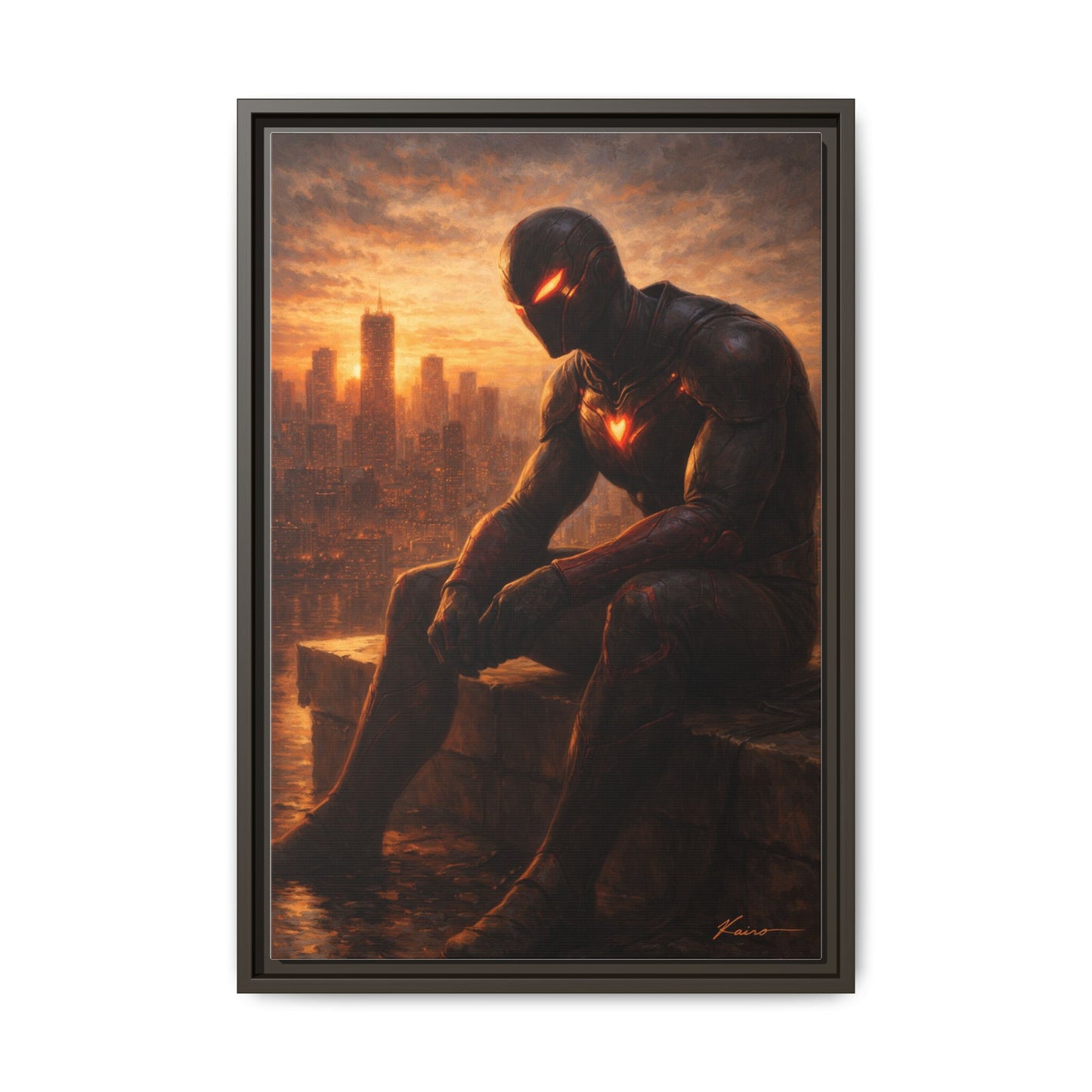 Framed Matte Canvas Print — Brooding Superhero Cityscape